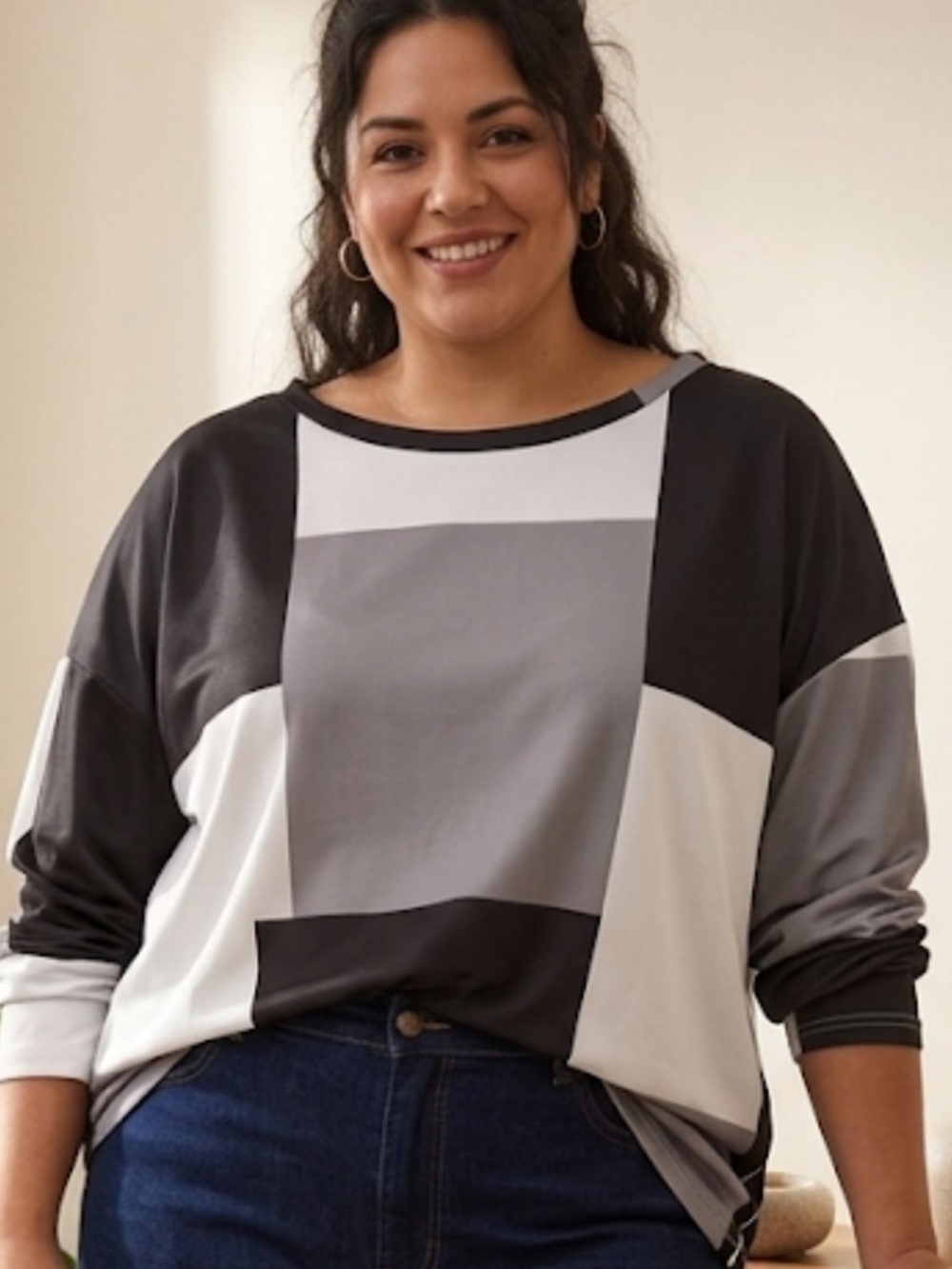 Chicme /Relaxed Colorblock Boatneck Blouse - Black, Gray & White Size 3X